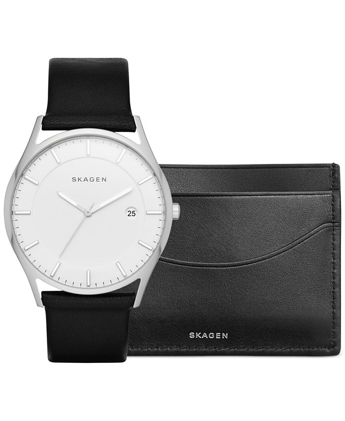 Skagen Men's Slim Holst Black Leather Strap Watch & Wallet Box Set 40mm ...