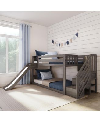 Max and Lily Twin Over Twin Low Bunk Bed with Slide and Stairs, Solid Wood Kids Platform Bed with Guardrails