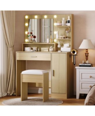 Modern Vanity Desk with Mirror LED Lights, Power Outlet, Storage Shelf, Hairdryer Rack, Adjustable Lighting, Cushioned Stool for Bedroom