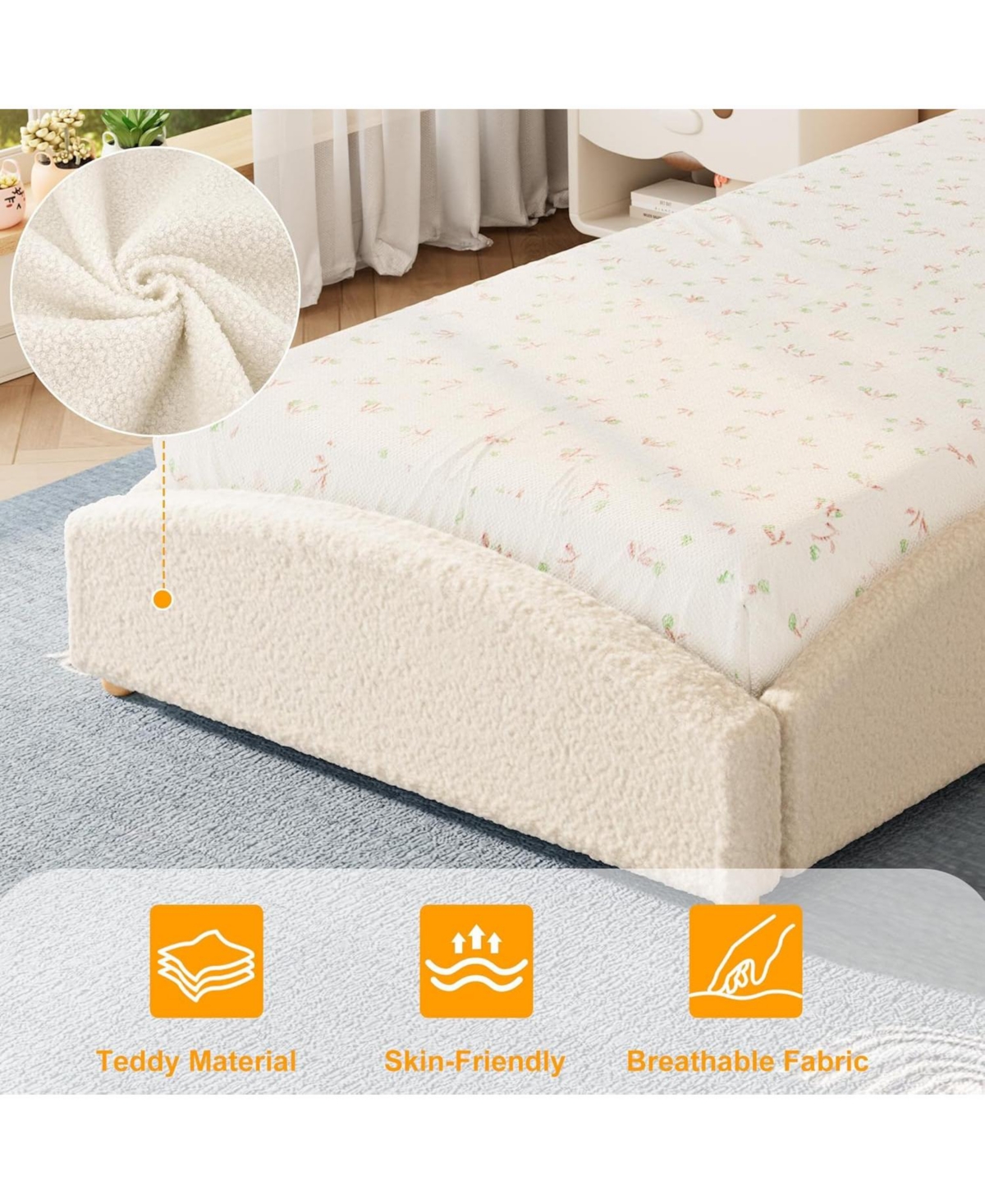 gaomon Twin-xl Size Upholstered Floor Bed for Kids, Teddy Fabric Soft Upholstered Bed Frame with Cloud Shaped Guardrails
