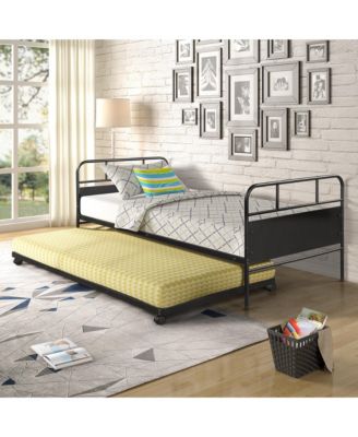 Daybed with Trundle, Twin Size Metal Platform Bed Frame Built-in Casters, Heavy-Duty Sofa Bed for Living Room and Bedroom