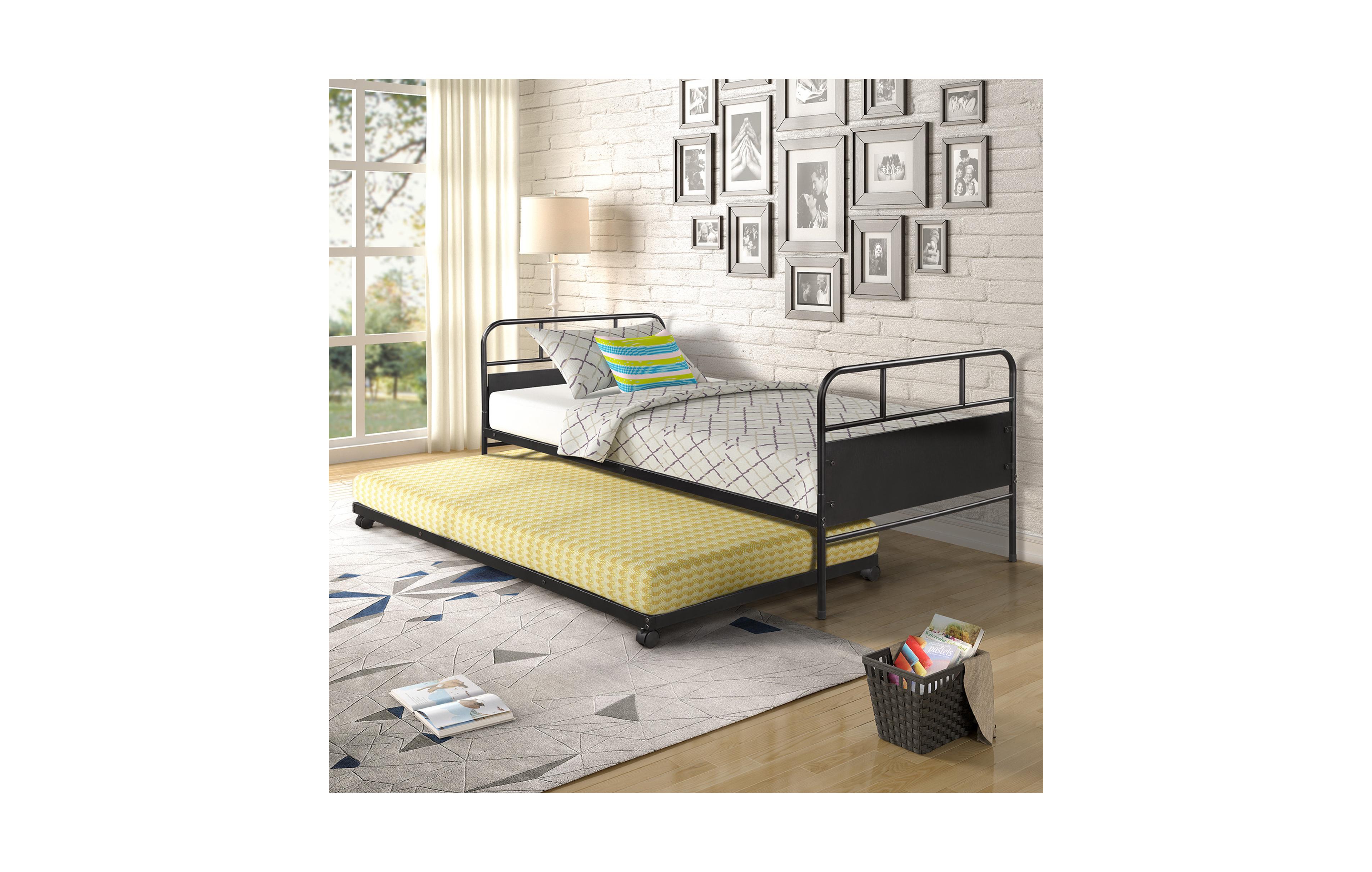 Rainsken Daybed with Trundle, Twin Size Metal Platform Bed Frame Built-in Casters, Heavy-Duty Sofa Bed for Living Room and Bedroom