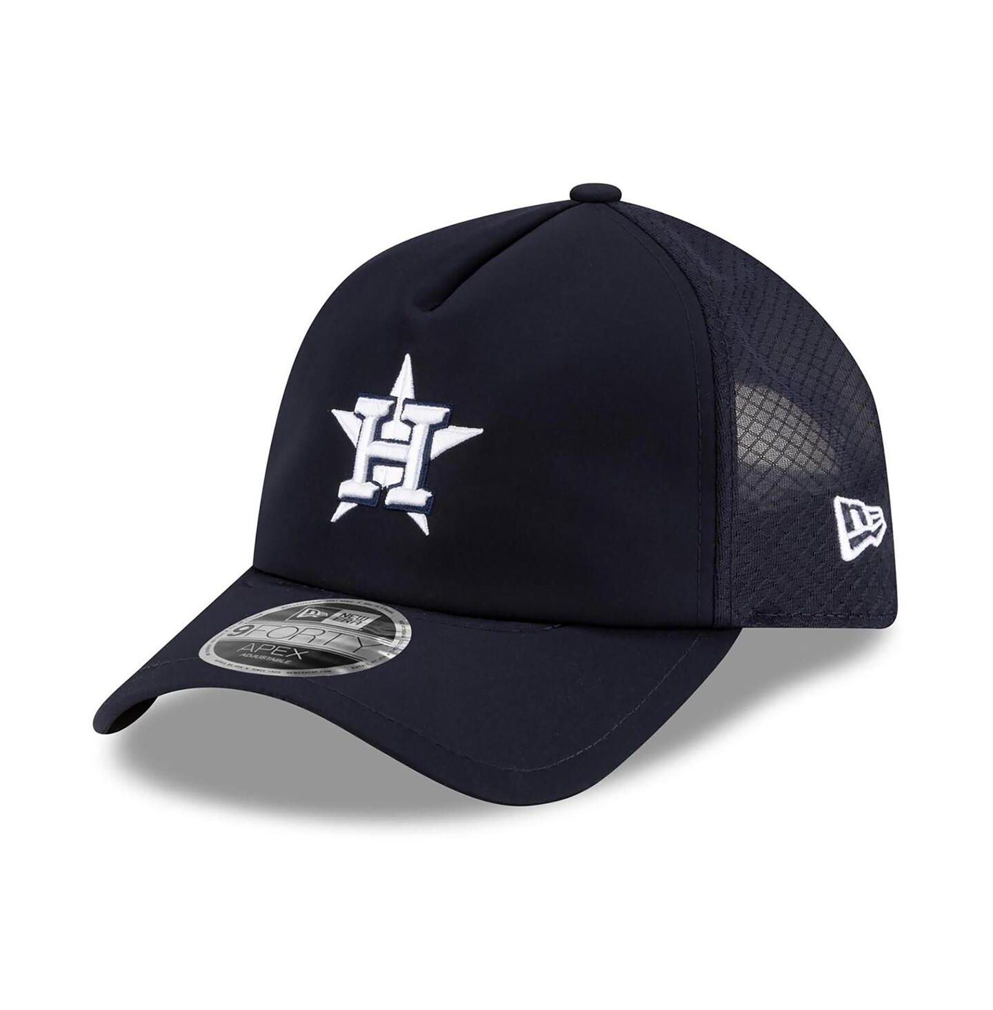 Мужская кепка New Era Navy Houston Astros 2026 Batting Practice Apex 9FORTY Adjustable Trucker Hat — фото 1