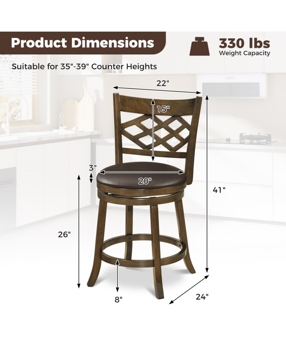 Slickblue Counter Height Bar Stools Set of 2 with Rubber Wood Frame