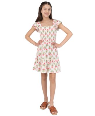 Girls' 7-16 Block Print Smoked Dress