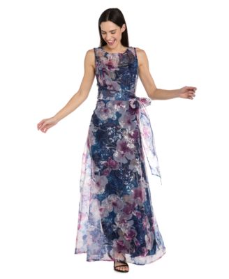 Women's R&M Richards Sequin Floral Organza Illusion-Neckline Gown, Size: 18, Navy Mauve