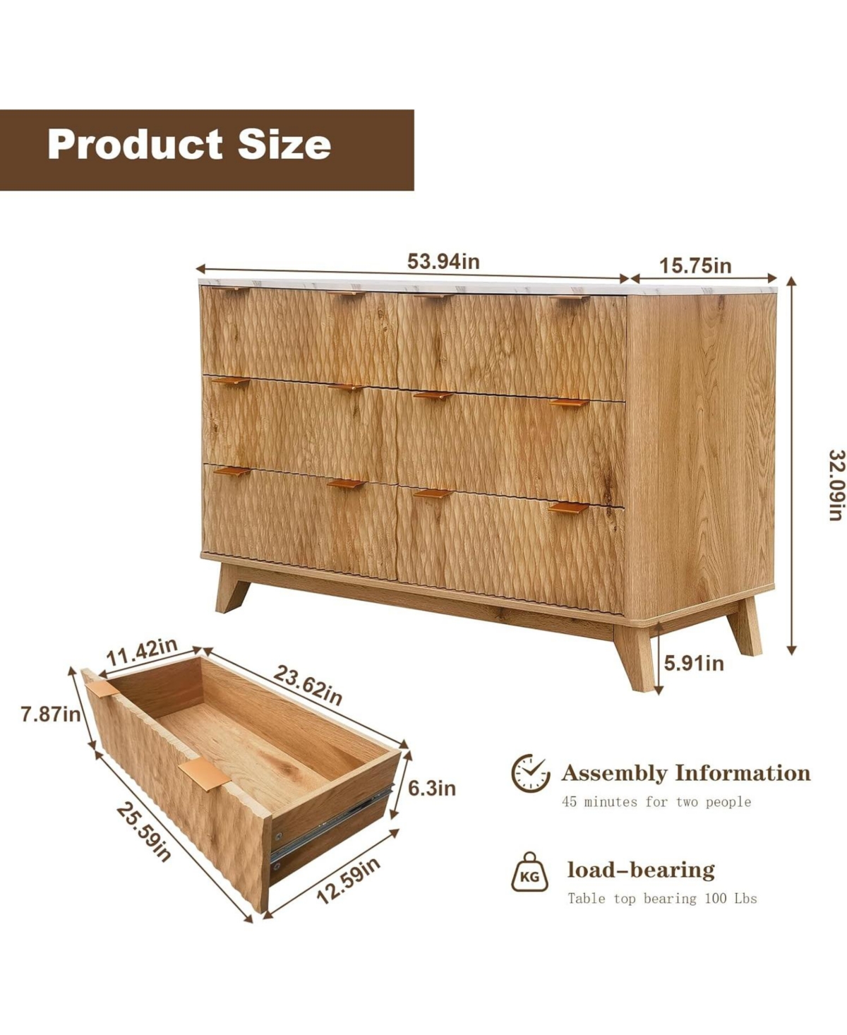 gaomon 6 Drawer Wood Dresser with Faux Marble Top, 54" Wide Farmhouse Chest, Drip Pattern Design