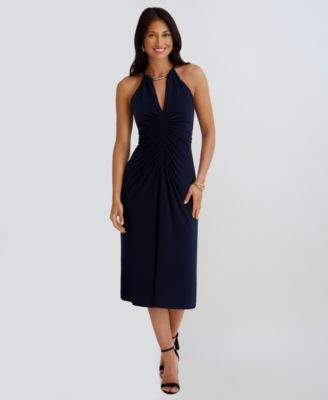 Women's Ruched Halter V-Neck Midi Dress