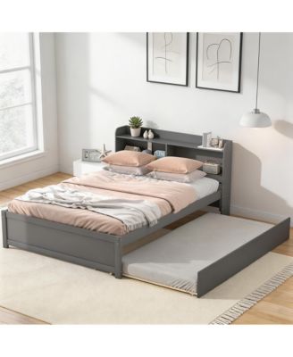 Full Size Platform Bed with Trundle and Storage Bookcase Headboard, Solid Pine Wood