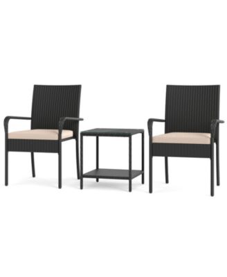 3-Piece PE Rattan Patio Chair Set with Tiered Glass Side Table and Seat Cushions