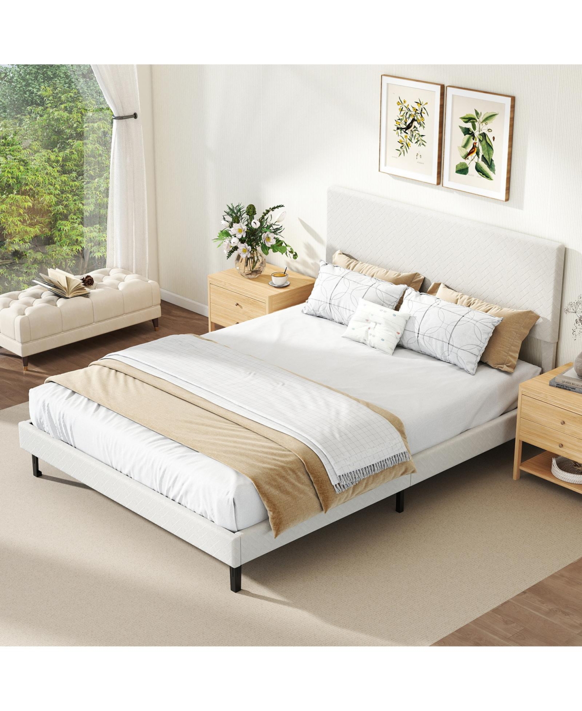 Slickblue Upholstered Velvet Platform Bed with Chevron Headboard