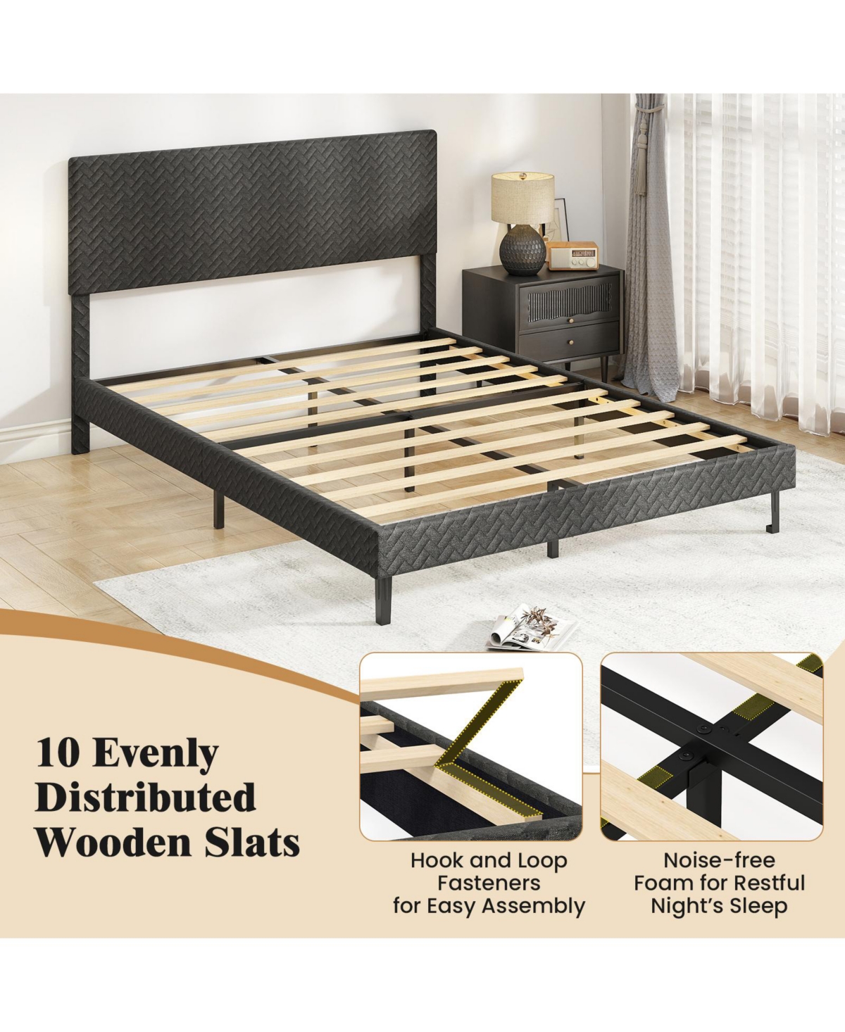 Slickblue Upholstered Velvet Platform Bed with Chevron Headboard