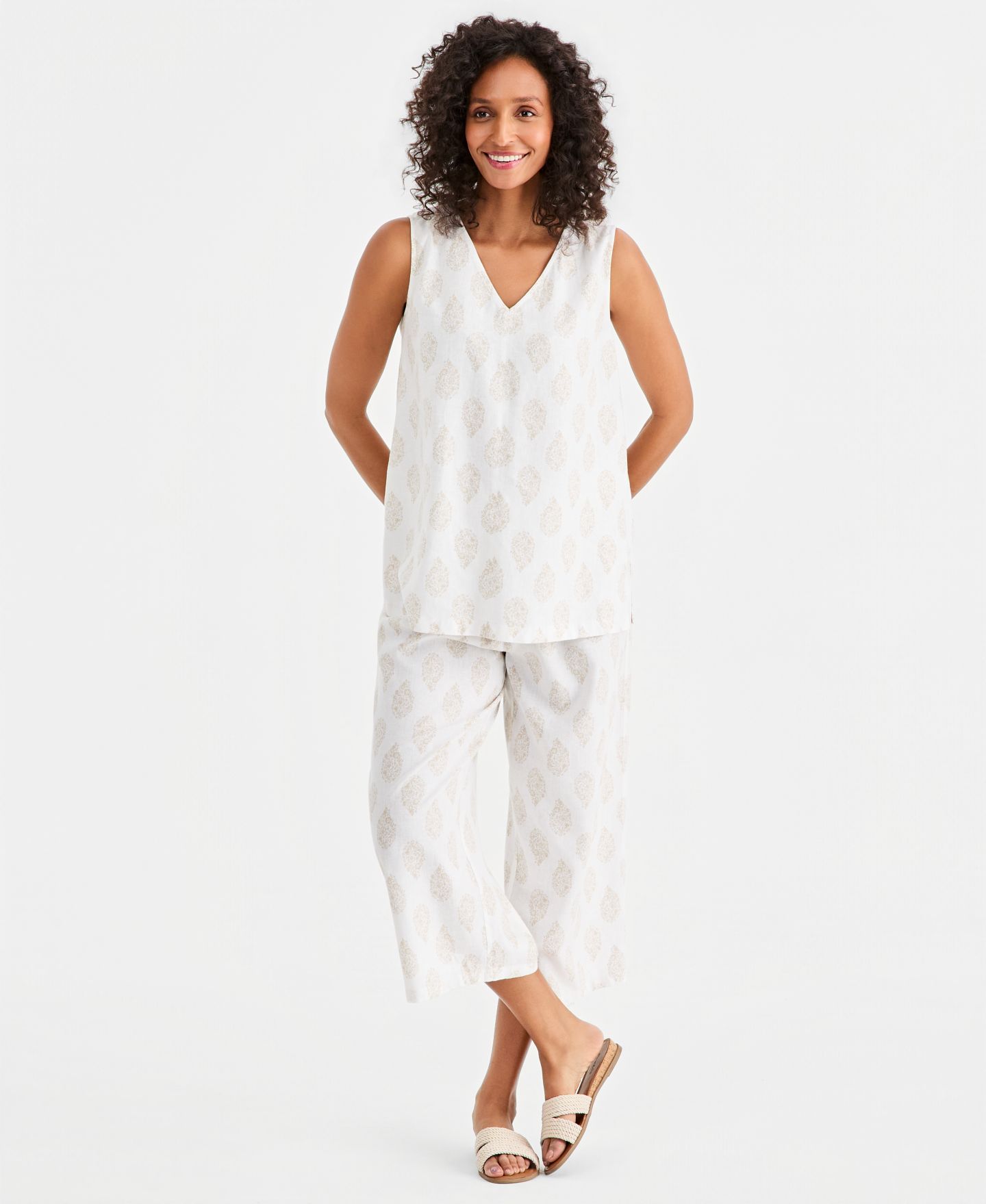 Женский топ Style & Co Printed Sleeveless Linen V-Neck Tunic, цвет: С принтом белый — фото 2