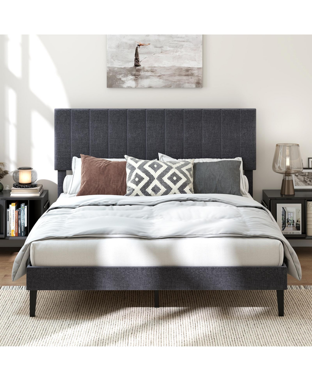 Slickblue Modern Velvet Platform Bed with Height Adjustable Channel Headboard Upholstered Frame