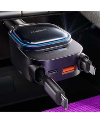 96W Truck Car Charger 24V, 4-in-1 Fast Charging Adapter with Retractable Cables, USB-C and USB-A for iPhone, Samsung, iPad