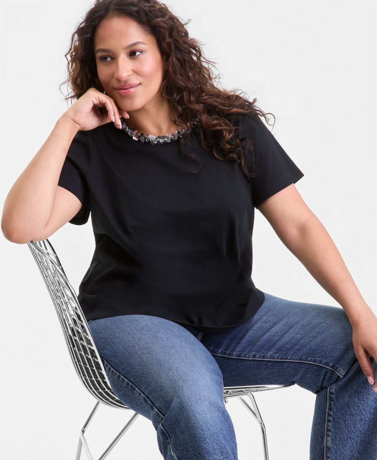I.n.c. International Concepts Plus Sequin-Neck-Trim T-Shirt, Macy's Exclusive