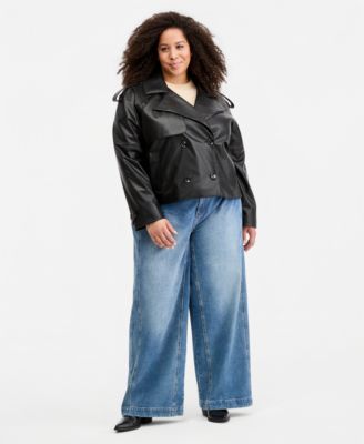 Trendy Plus Size Cropped Double-Breasted Faux-Leather Trench Coat