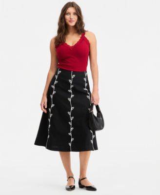 Women's Linen-blend Soutache Embroidered Midi Skirt