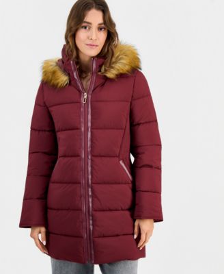 Juniors' Hooded Faux-Fur-Trim Puffer Coat