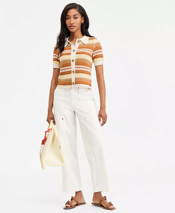 Women's Textured Stripe Short-Sleeve Collared Cardigan - thumbnail 3