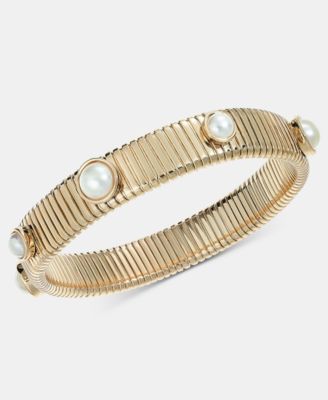 Gold-Tone Omega Chain Imitation Pearl Stretch Bracelet
