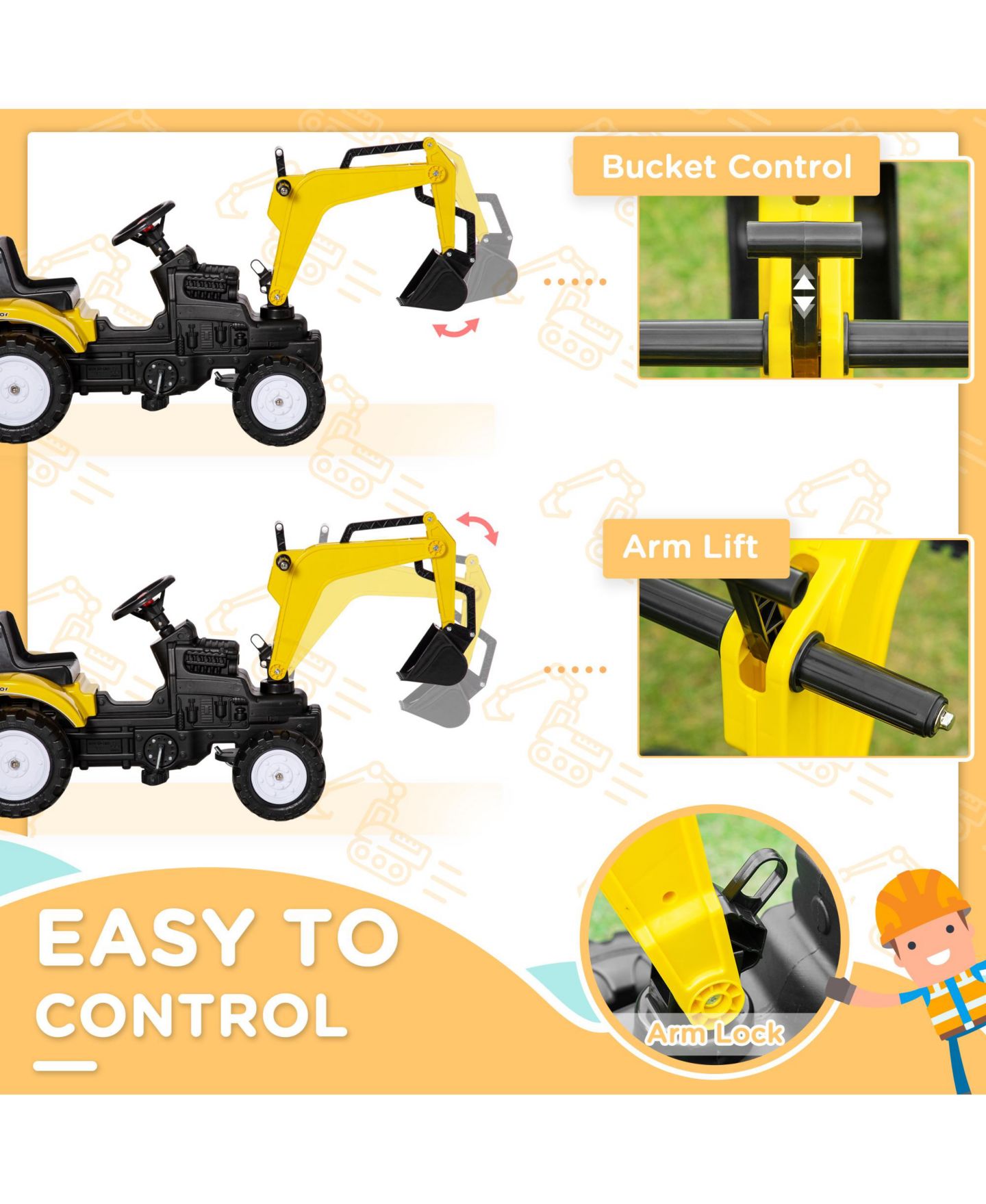 Детская игрушка Aosom Ride-On Construction with Controllable Digging Bucket, Ages 3+, цвет: Жёлтый — фото 3