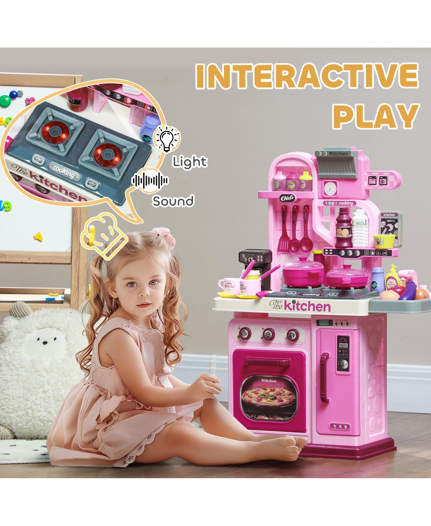 Детская игрушка Qaba Kids Play Kitchen with Lights, Sounds, 33 Accessories, Storage, цвет: Розовый — фото 5