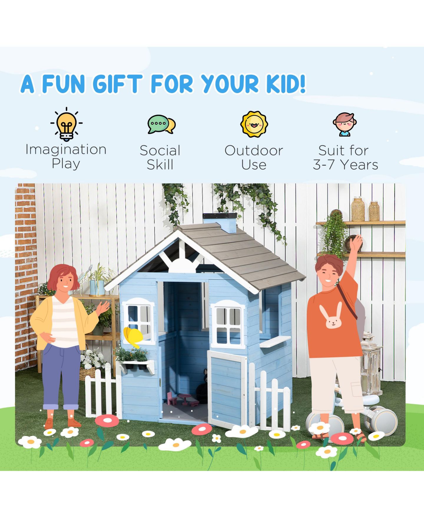 Детская игрушка Outsunny Outdoor Wooden Playhouse with Flower Pot Holders, Ages 3+ — фото 4