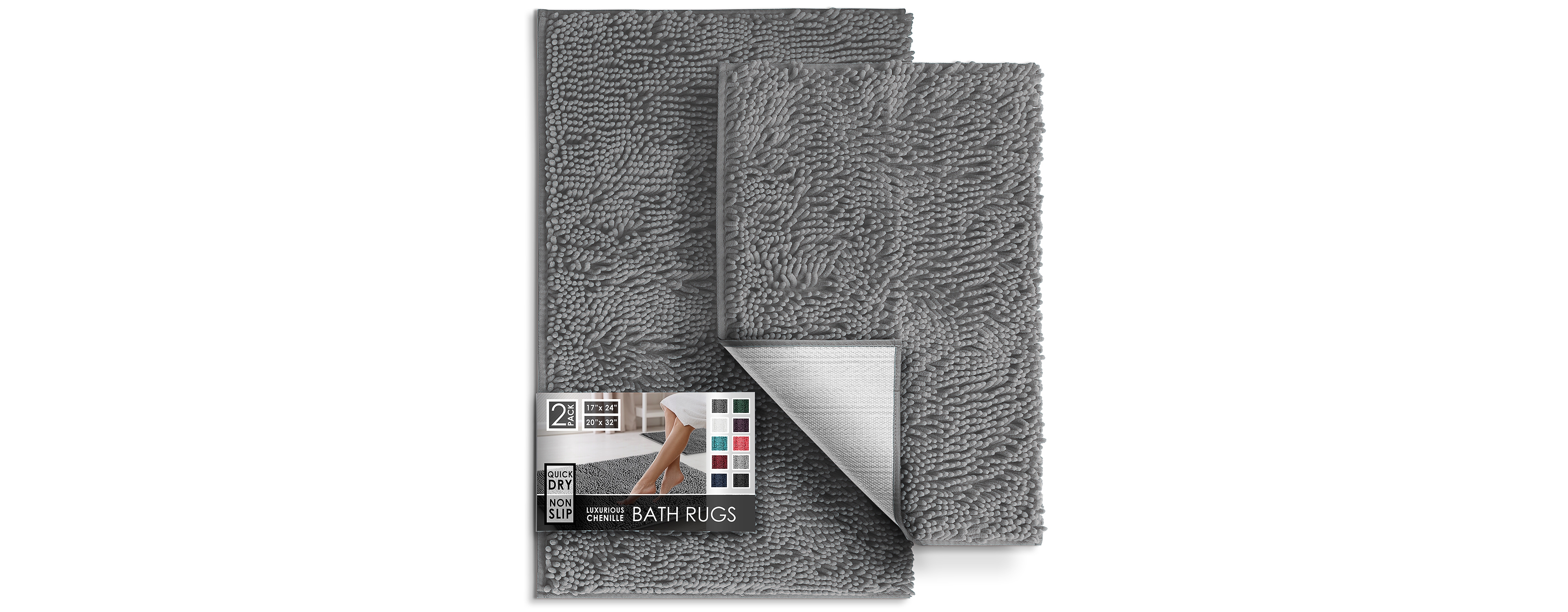 Hearth & Harbor Chenille Bath Rug 2-Piece Set, Quick-Dry, Machine-Washable, Non-Slip