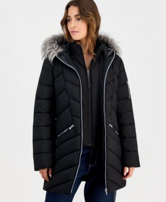 Juniors' Faux-Fur-Trim Hooded Puffer Coat