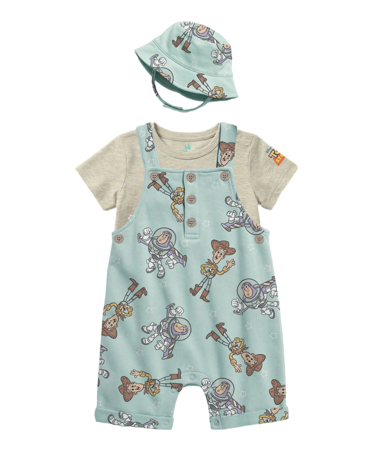 Disney Baby Boys' Toy Story T-Shirt and Shortall with Bucket Hat, 3-Piece Set