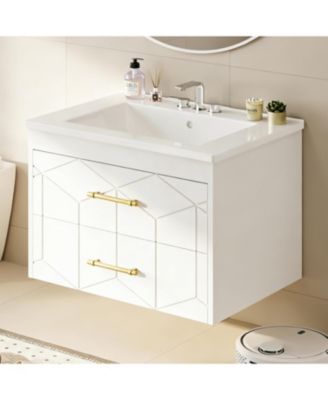 Floating Bathroom Vanity with Sink, Modern Wall-Mounted Cabinet with Ceramic Top, 2 Drawer Storage for Small Bathroom or Apartment