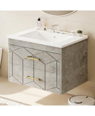 Floating Bathroom Vanity with Sink, Modern Wall-Mounted Cabinet with Ceramic Top, 2 Drawer Storage for Small Bathroom or Apartment