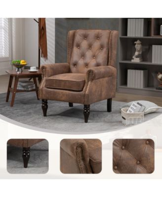 PU Leather Armchair, Vintage Tufted Wingback Chair, Leisure Single Accent Chair with Rivet Decoration for Living Room, Office