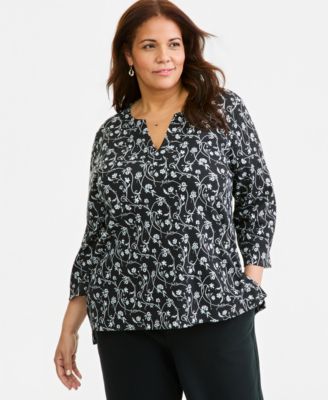 Plus Size Printed 3/4-Sleeve Split-Neck Tunic