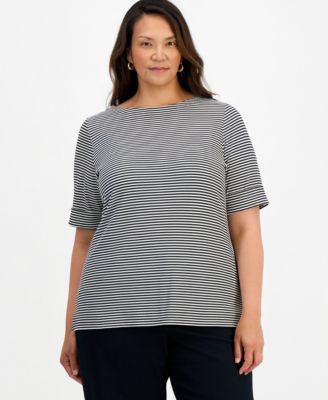Plus Size Elbow Feeder Stripe Boatneck Top
