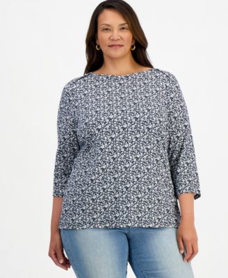 Plus Size Printed 3/4 Sleeve Boat-Neck Top