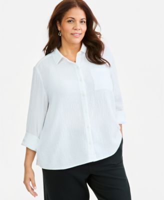 Plus Size Button-Front Collared Long-Sleeve Shirt