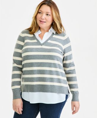 Plus Size Stripe Two-Fer Long-Sleeve Sweater