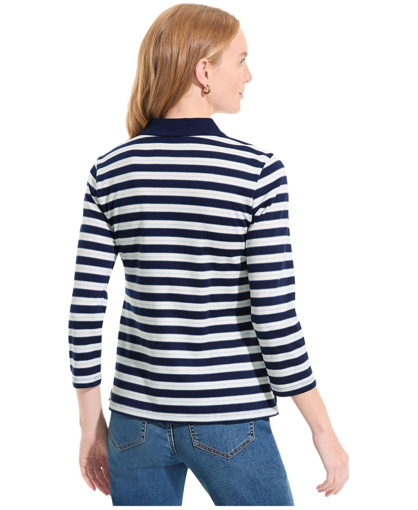 Женское поло Lands' End 3/4 Sleeve Supima Cotton Polo, цвет: Морской / Синий разноцветный полосатый — фото 1