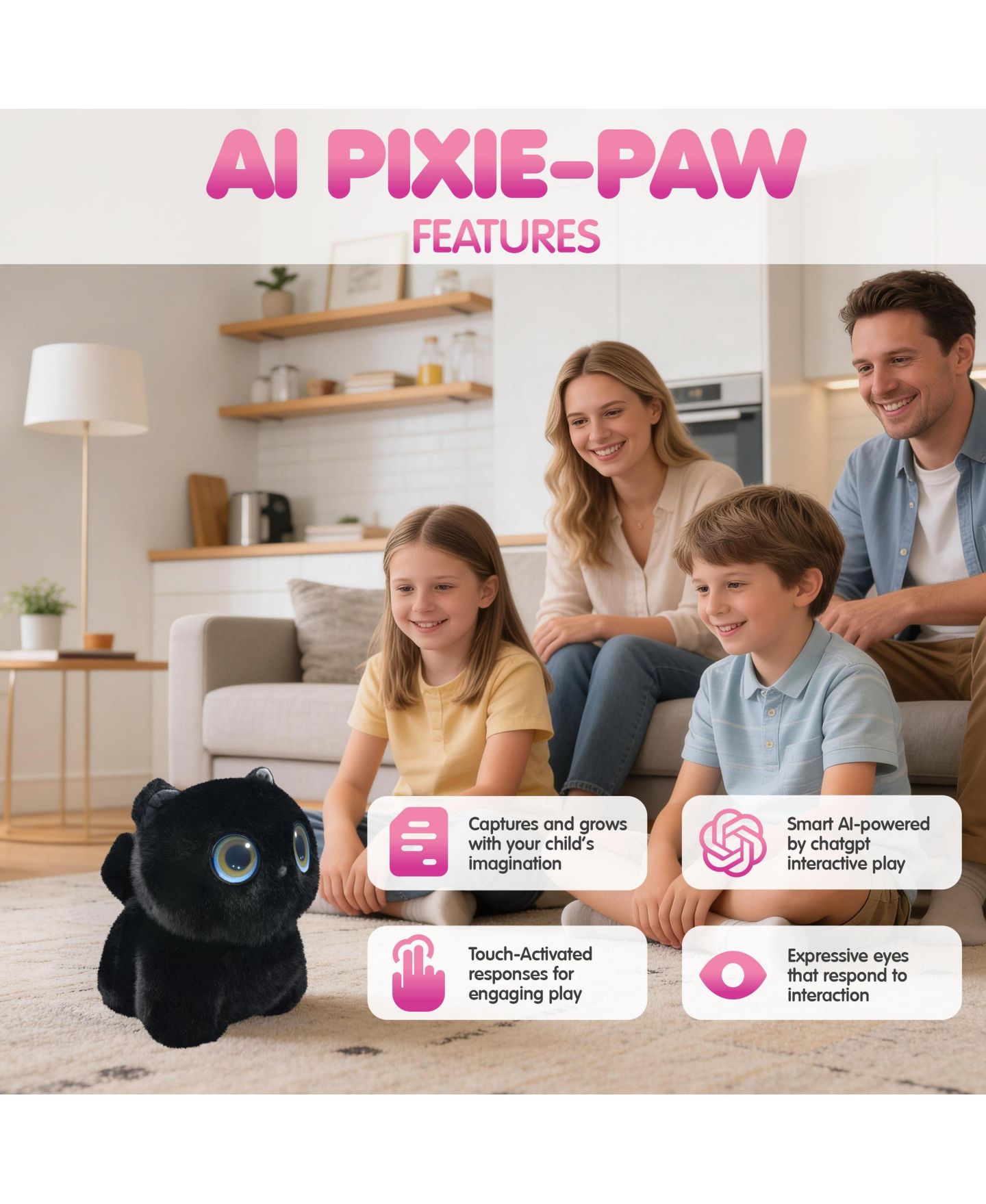 Детская мягкая игрушка Contixo Pixie-Paw 13" AI-Powered Interactive Plush Cat, цвет: Чёрный — фото 3
