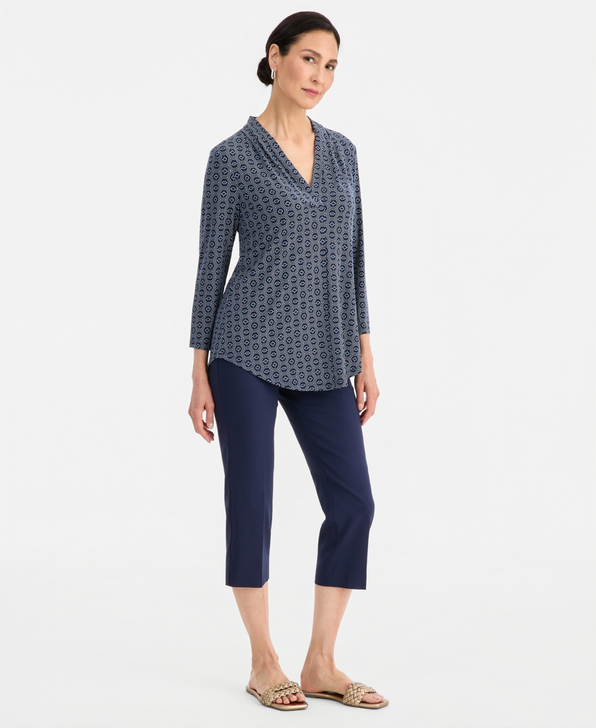 Jm Collection Women's Printed 3/4-Sleeve V-Neck Top, Macy's Exclusive