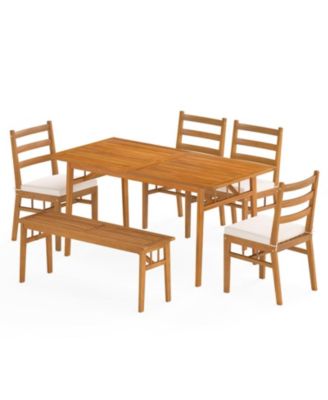 6-Piece Patio Acacia Wood Dining Set with Bench Rectangular Table and Chairs