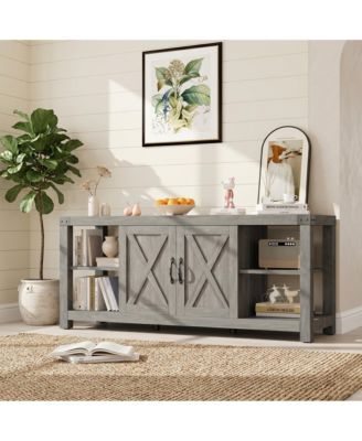 Farmhouse TV Stand with X-Shaped Metal Frame, Adjustable Shelves and Storage Cabinets - Durable Wood Entertainment Center and Media Console