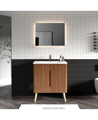 Freestanding Bathroom Vanity with Sink, Modern Striped Walnut Texture, Adjustable Shelves for Ample Storage