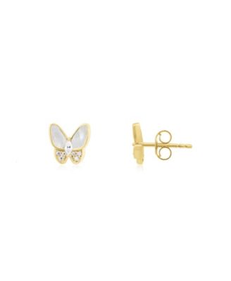 Mother of Pearl CZ Butterfly Stud Earrings 14K Gold-Plated Sterling Silver