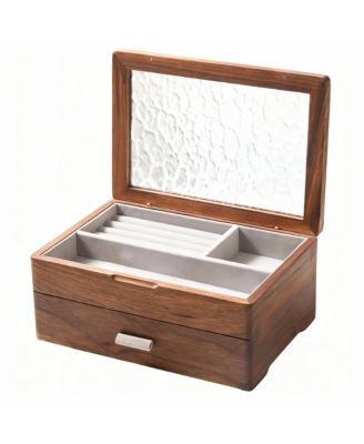 Solid Cherry Wood 2-Layer Jewelry Organizer with Glass Lid