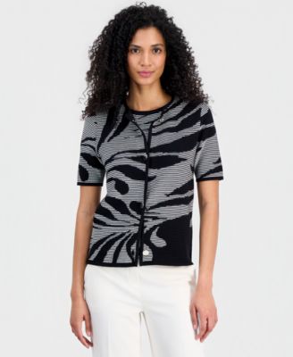 Women's Jacquard-Knit Short-Sleeve Cardigan Sweater
