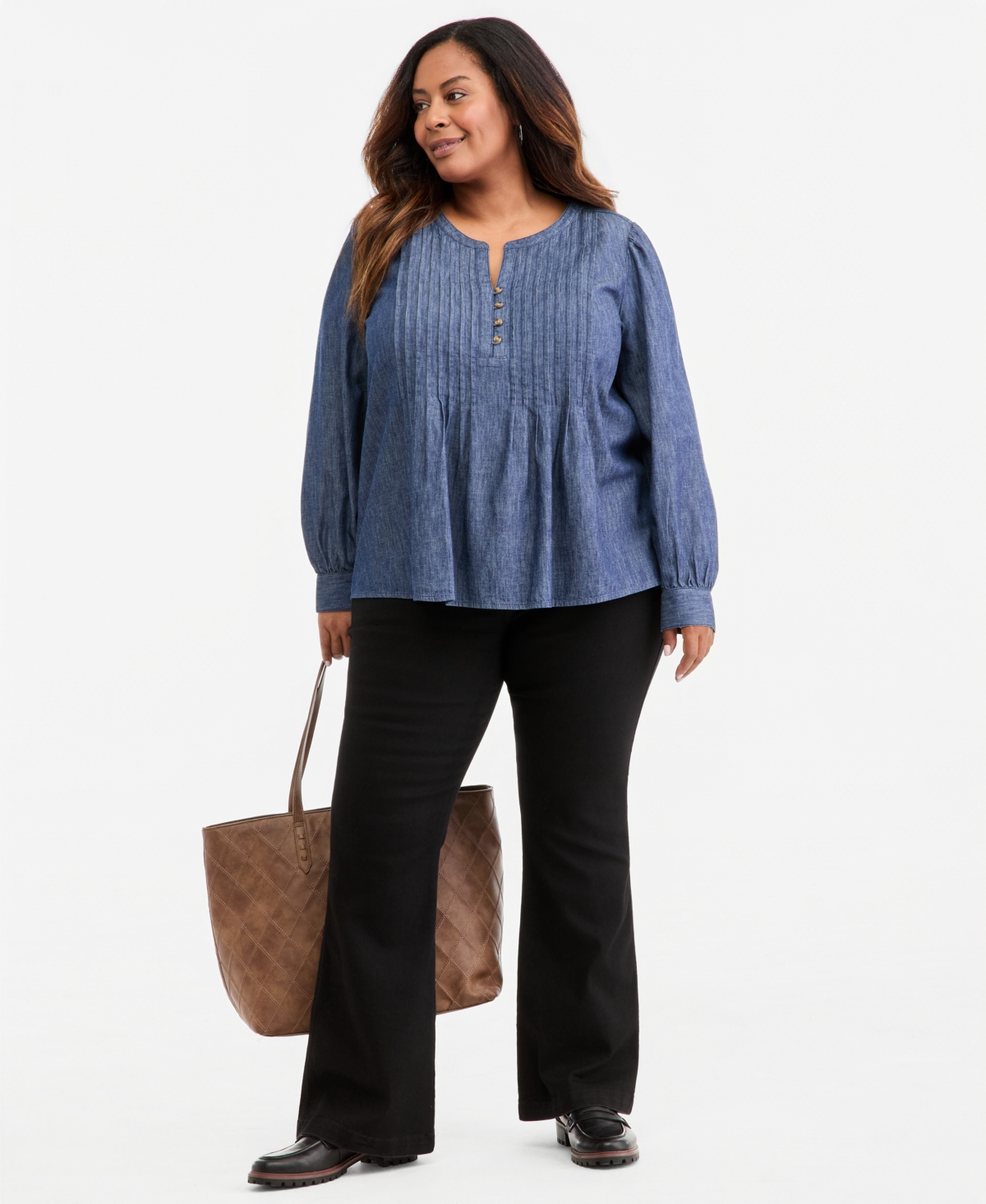Style & Co Plus Chambray Pintuck Long-Sleeve Top, Macy's Exclusive