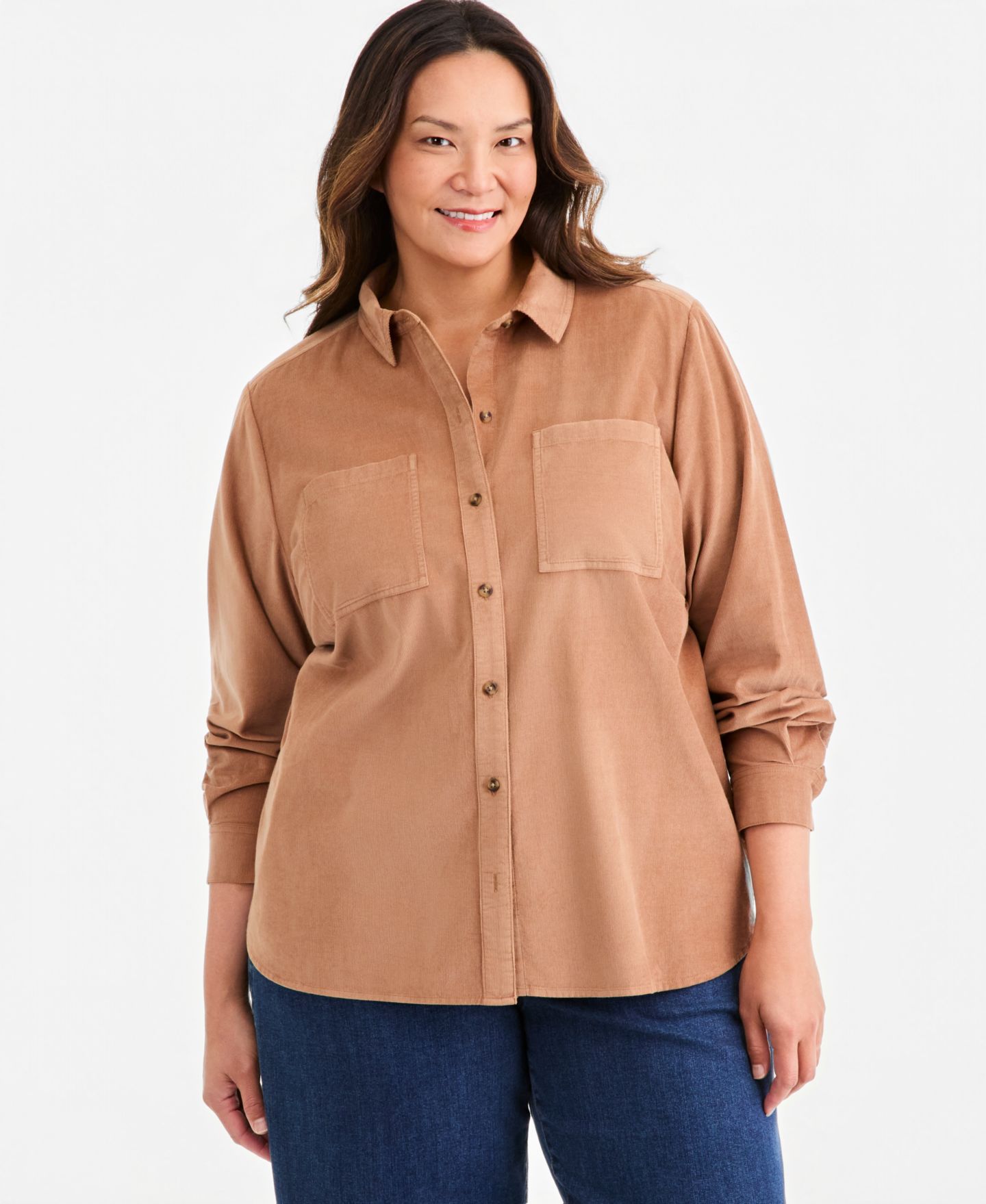 Женская рубашка Style & Co Plus Size Long-Sleeve Corduroy Overshirt, цвет: Beechwood — фото 1